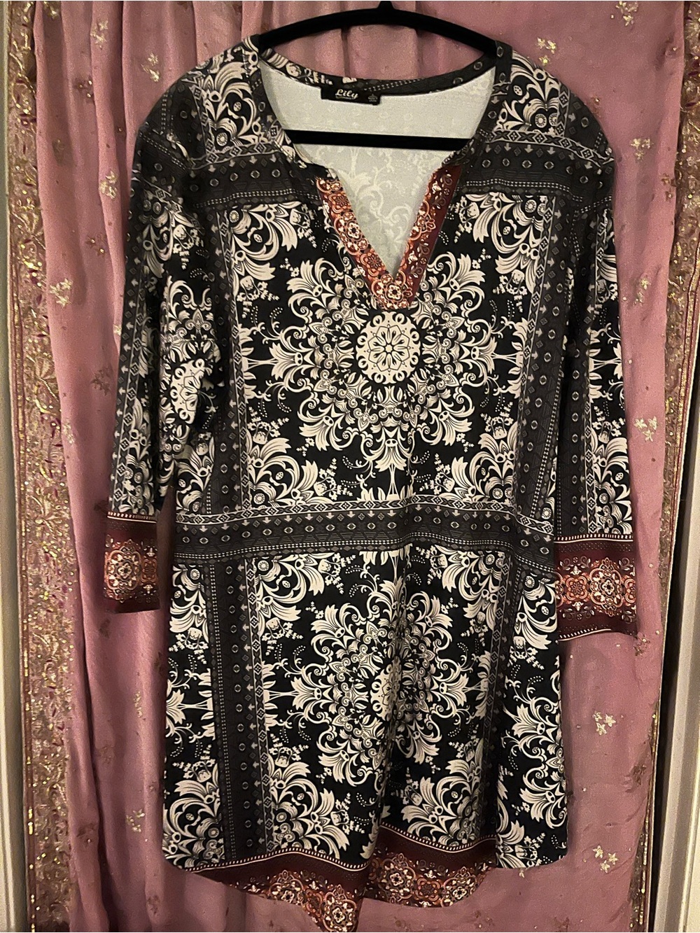 Lilly Black & White Mandala Printed Tunic Dress with Rust Trim